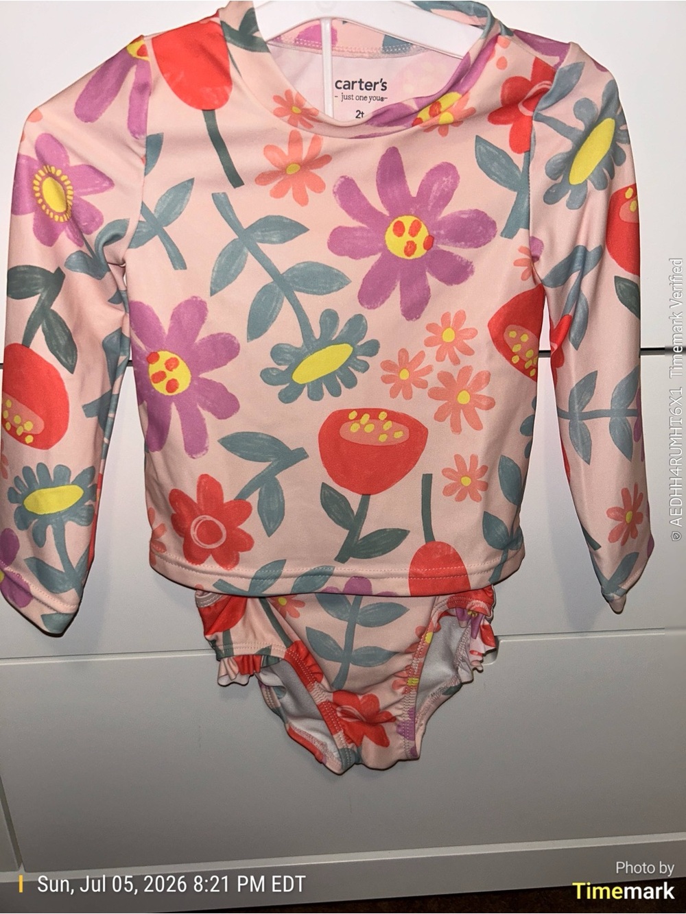Carter's Pink Floral Long Sleeve Swim Set with Coral Accents 2T